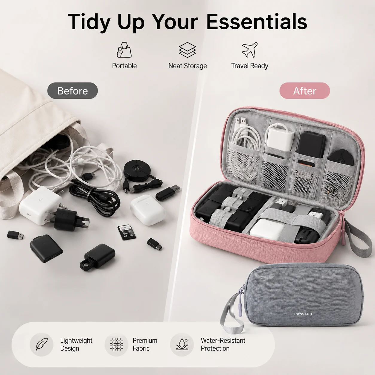 Tech Accessories Hard Case - Dwupoziomowy organizer na kable, wielokieszeniowa torba